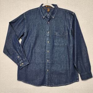 Vintage Harriton Mens Denim Button Down Shirt Size Large Dark Blue Chuck Norris